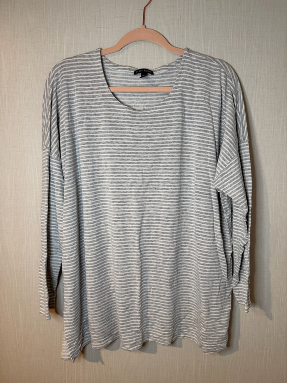 Eileen Fisher Gray Striped Jersey Knit Raglan 3/4 Sleeve Top XL